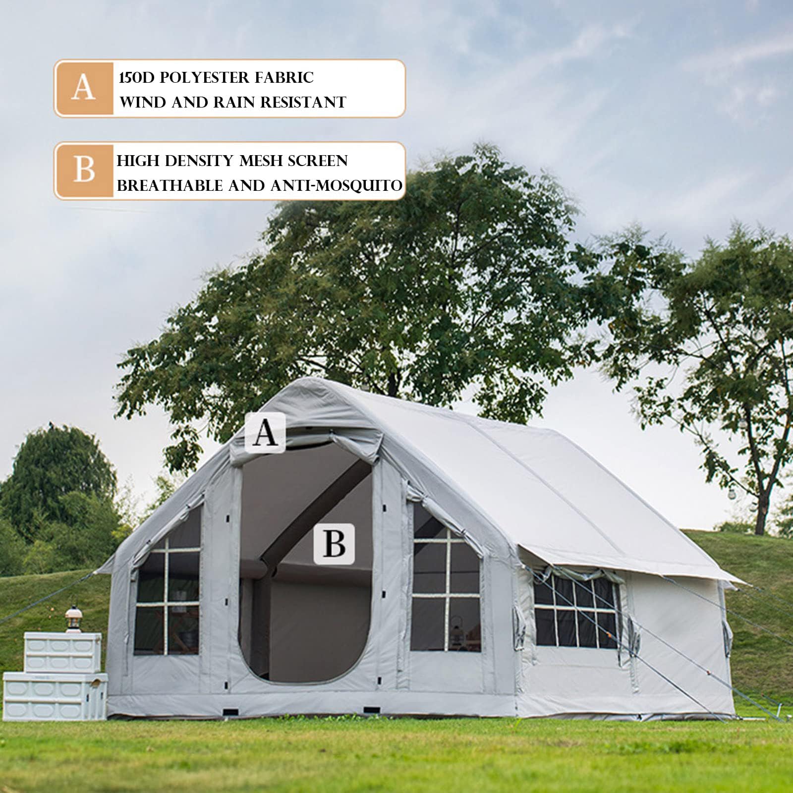 Tenda da campeggio gonfiabile, tenda da campeggio automatica, spazio 10㎡, impermeabile PU2000 mm, colonna d'aria integrata, uscita camino, per 4 stagioni per uso familiare