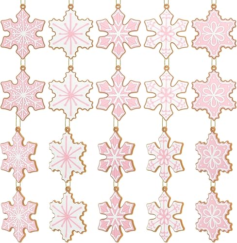 20 adornos navideños de copo de nieve de jengibre, decoraciones colgantes para árbol de silicona, adornos de Navidad rosados, adornos de Navidad