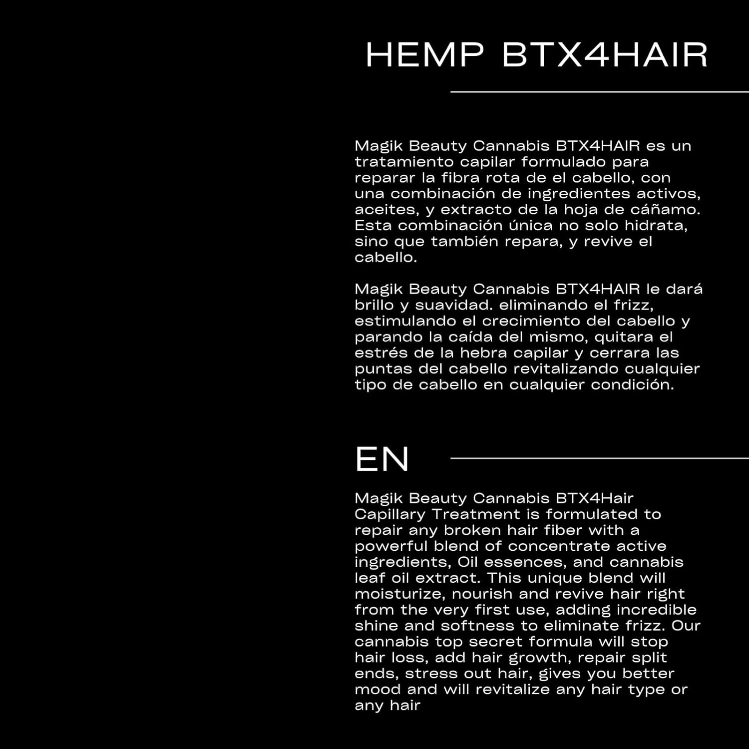 Magik Beauty | Hemp Oil BTX4Hair Hair Growth w/Oil Essence BTX4HAIR | Growth Capillary Treatment - Stops and Prevents Hair Loss - Stimulates Hair Growth