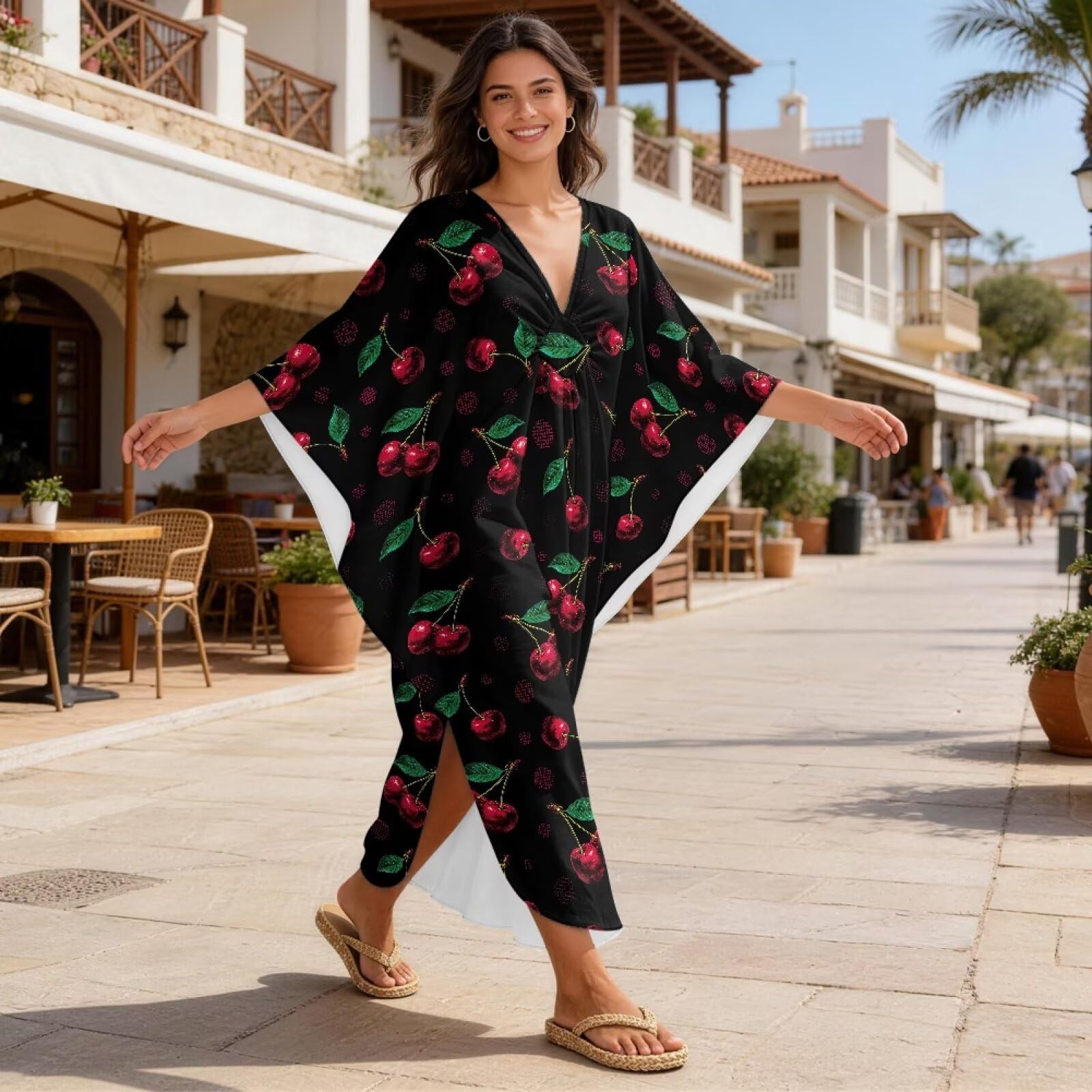 Xoenoiee Damskie sukienki kaftan plus size okrycie plażowe dekolt w serek rękaw nietoperz strój kąpielowy okrycie letnia sukienka kaftan