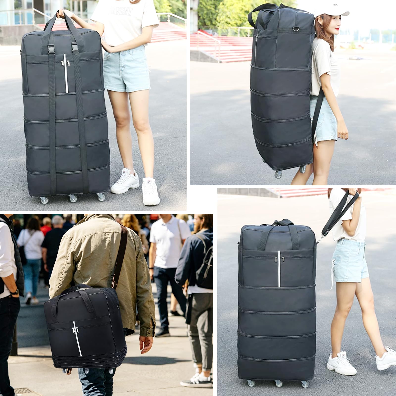 Sac de Voyage Pliable à roulettes, 110cm Extensible Sac Voyage Grande Taille avec roulettes et Bandoulière, Rangement pour Homme Femme 110 x 52 x 30 cm