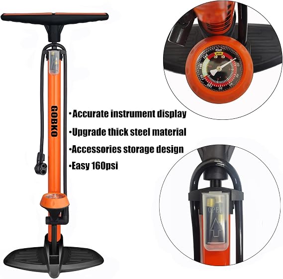 GOBKO Bike Pump Bicycle Floor Pump with Gauge, Bicycle Pumps with Presta and Schrader tire Pump multifunctional Air Pump for Road Bike MTB Sports Balls Pump High Pressure 160Psi &11Bar