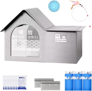 Pet Cooling House, Air Conditioned Pet house, Foldable Summer pet Cooling House with 10 Ice Packs, Double Insulated Air Conditioned Dog Houses grey, m
