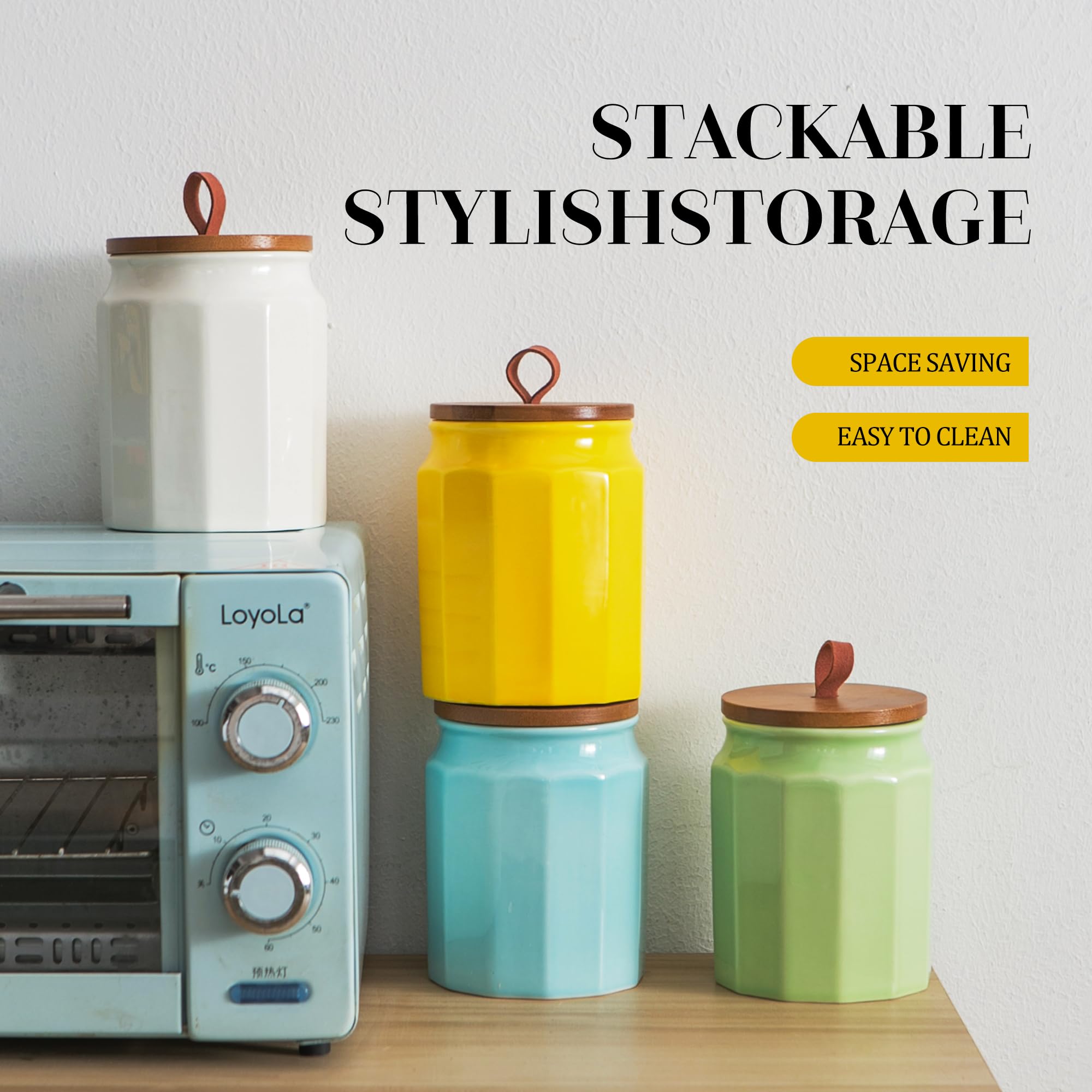 Set di 4 contenitori da cucina in ceramica con coperchi ermetici in bambù, cucchiai ed etichetta, grandi contenitori per farina e zucchero per servire caffè macinato