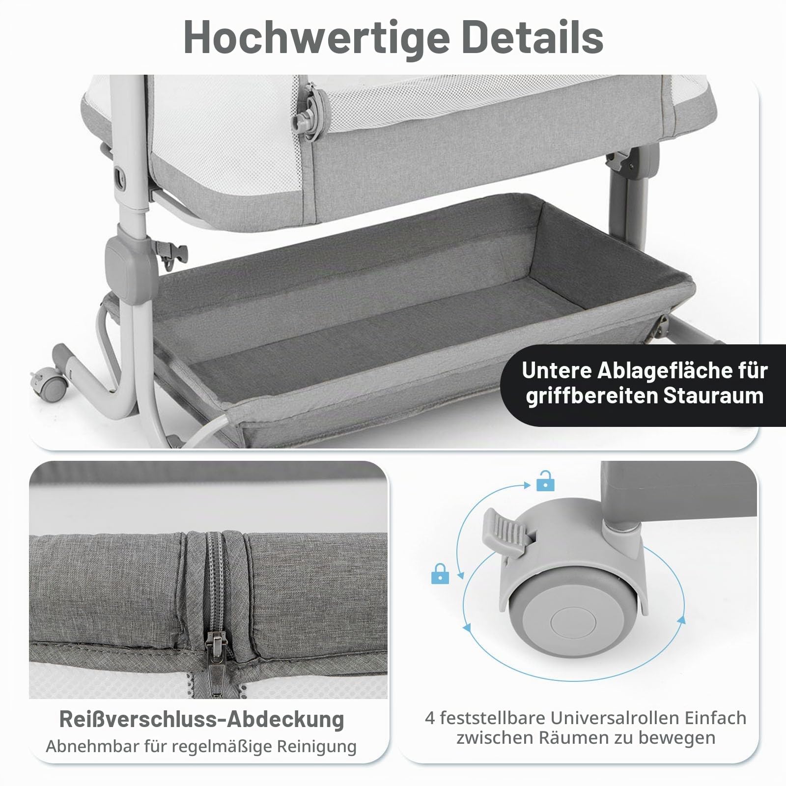 LIFEZEAL Baby Beistellbett 6 Stufig Höhenverstellbar, Babybett mit Matratze & Rollen, Tragbares Reisebett für Baby 0-6 Monate, Stubenwagen mit Aufbewahrungskorb (Hellgrau)