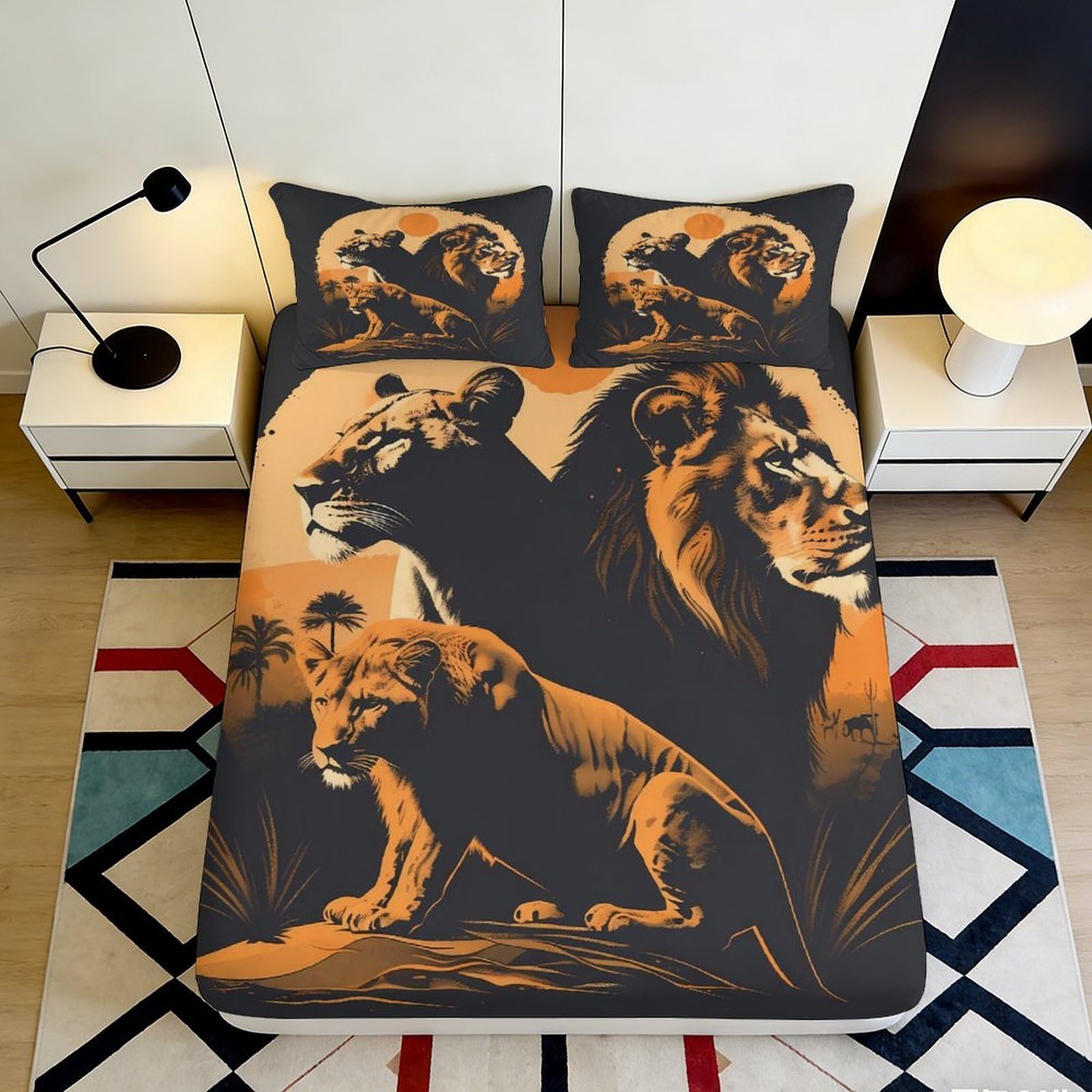 3D Printed Lion Family Fitted Sheet Microfiber Soft Breathable Savannah Sunset Mattress Cover for Bedroom Dorm Mattress Protection Decor 90x200x25cm