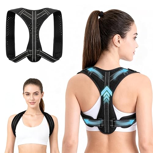bracemundo Posture Corrector for Men and Women, Adjustable Back Brace Straightener, Breathable Shoulder, Neck, Clavicle & Mid-Back Support, Relieve Slouching, Hunching, and Back Pain,One Size