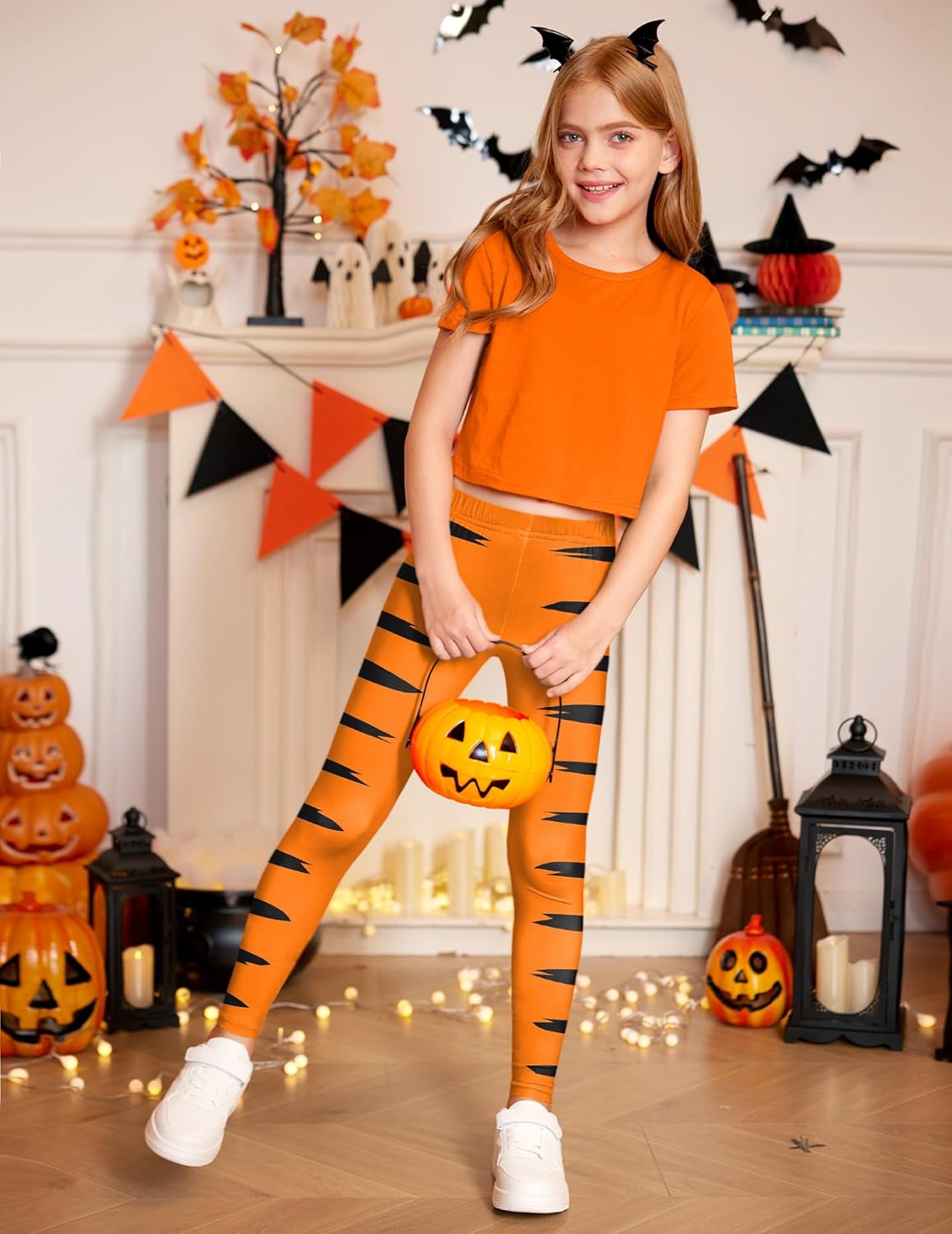 Girls Halloween Party Stretchy Tigoer Leggings Graphic Lightweight Sports Tights Orange & Black Stipes 13-14 Years - Image 4