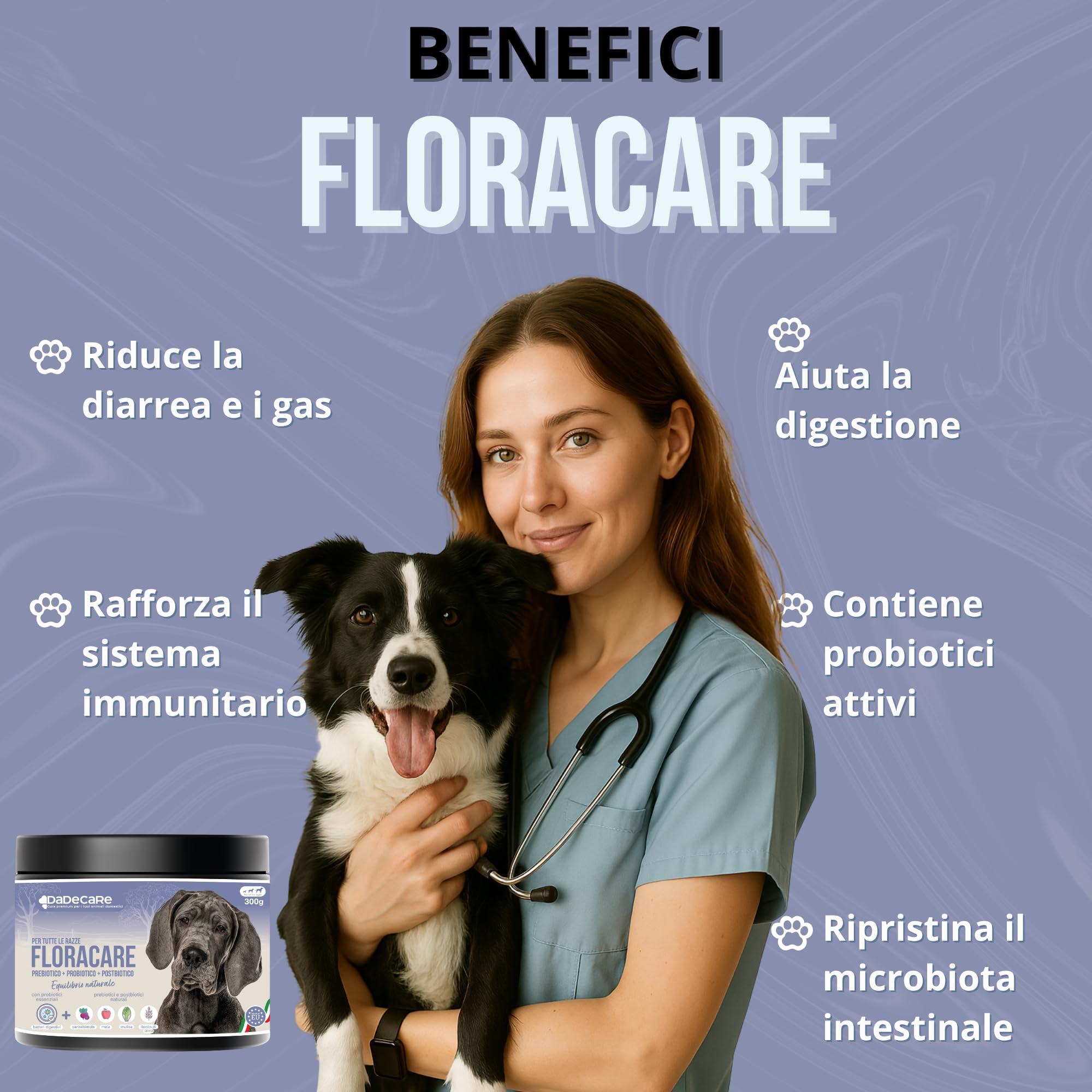 Floracare - Probiotici Cani in Polvere 300g - Ripara Flora Intestinale e Migliora Digestione - Riduce Diarree e Stress - Ideale dopo trattamenti o cambio di mangime con Prebiotici e Postbiotici