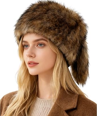 haozaikeji Faux Fur Cossack Hat Furry Ushanka Hat Russian Style Trapper Hat Winter Warm Trim Hat for Women Men