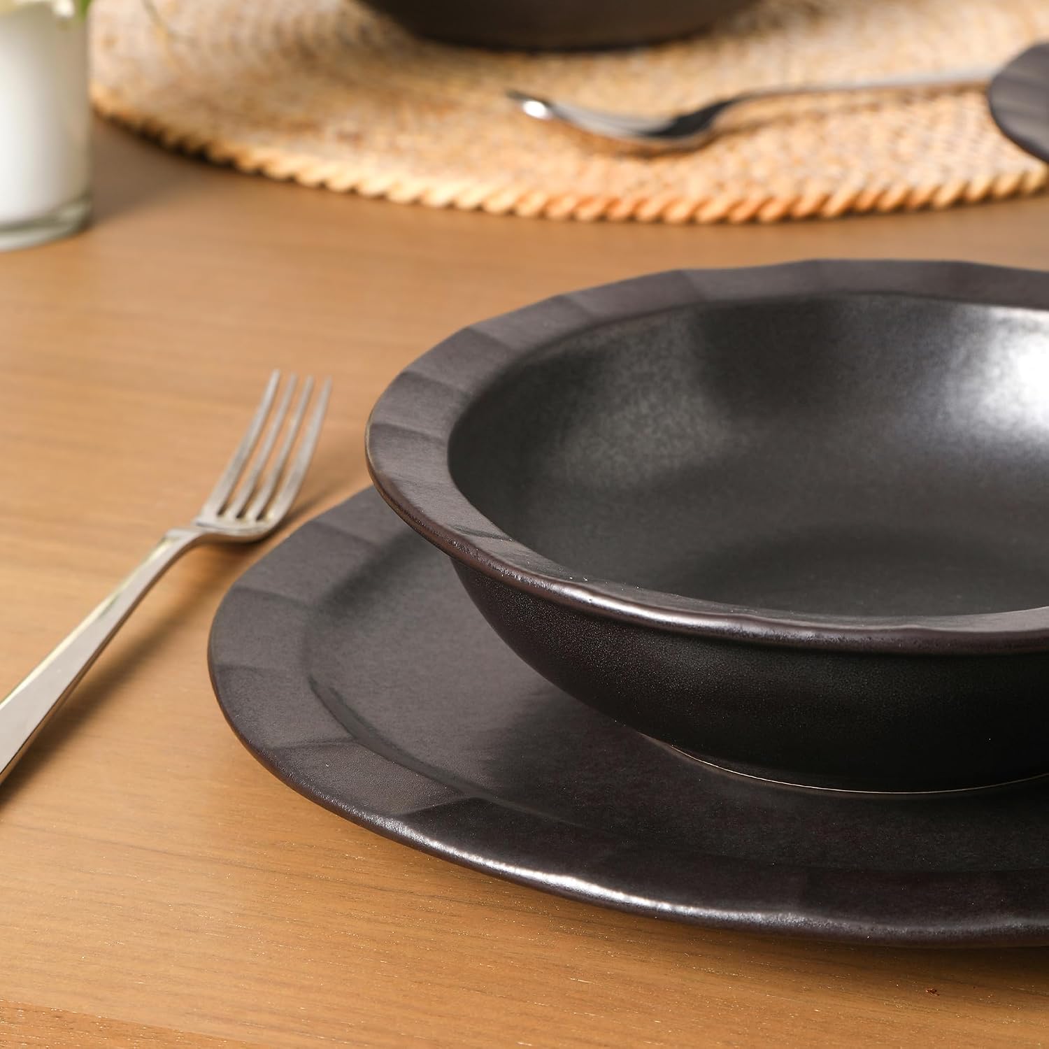 Stone Lain Oasis Stoneware 24 Piece Dinnerware Set, Home Kitchen Dish Set with Dinner Plates, Salad Plates & Bowls - Service for 8, Black