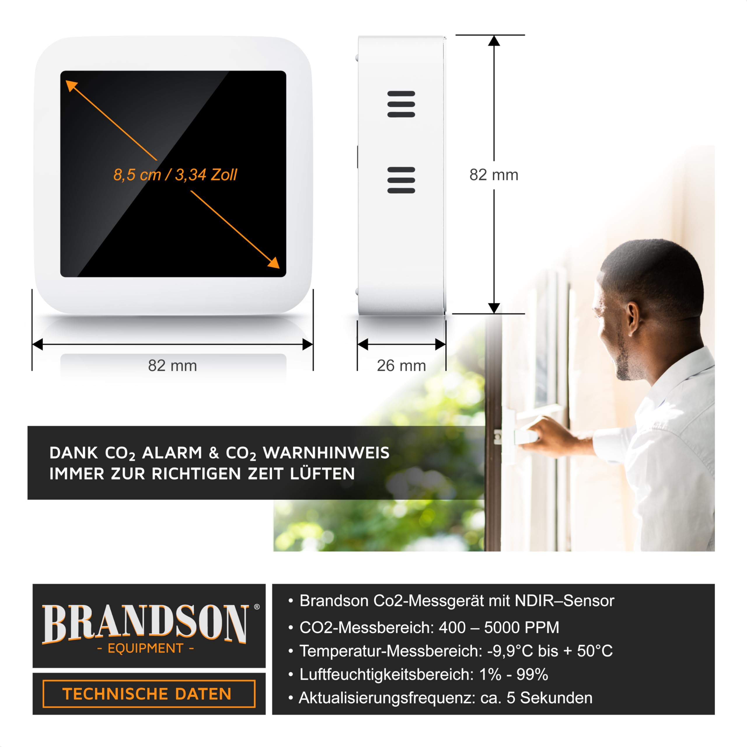 Brandson CO2 Melder Messgerät Luftqualitätsprüfer Kohlenstoffdioxid Sensor PPM Anzeige Alarm Thermometer Hygrometer