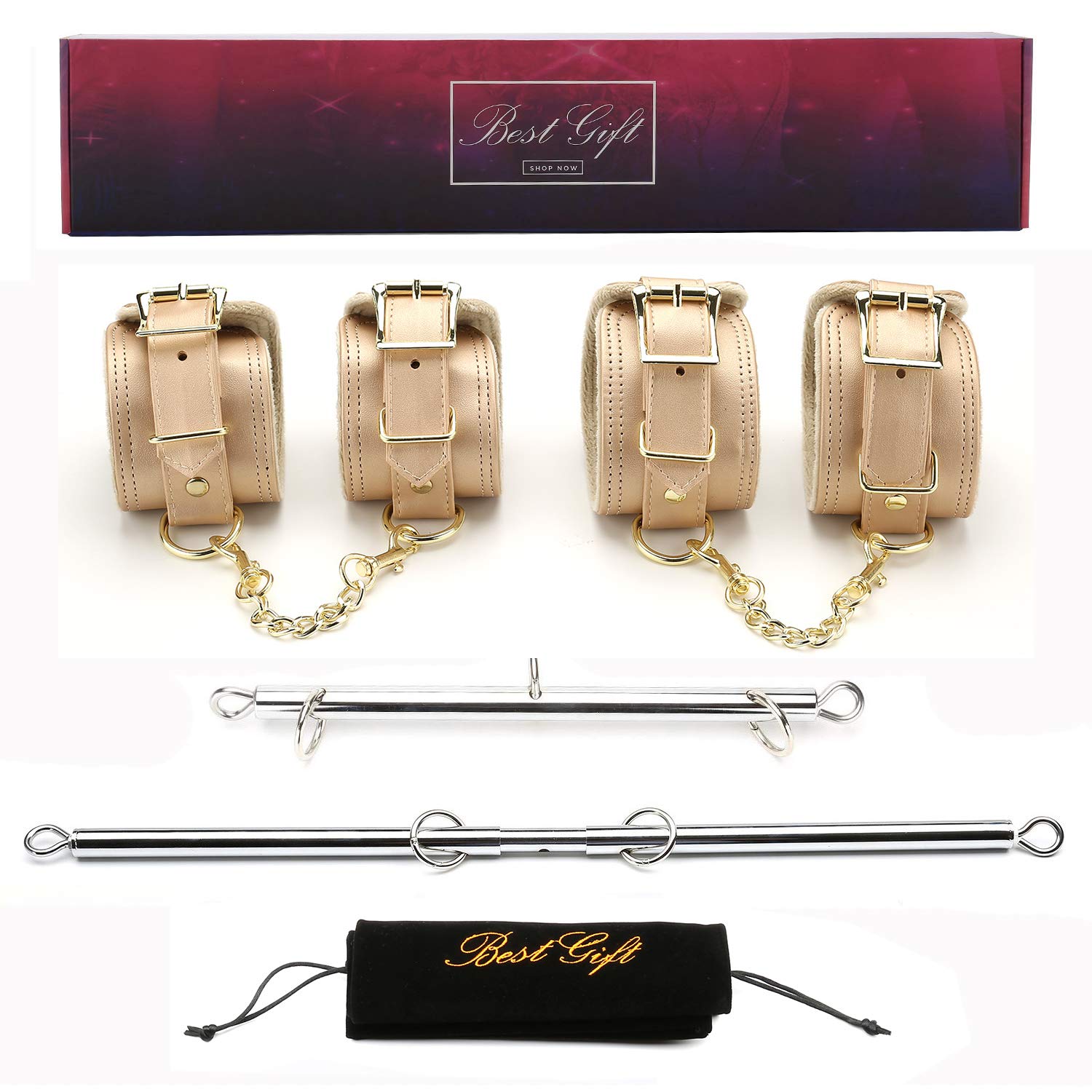 exreizst 2 Silver Spreader Bar with 4 Gold Leather Straps Adjustable Expandable Home Gyms Sports Set, Silver/Gold