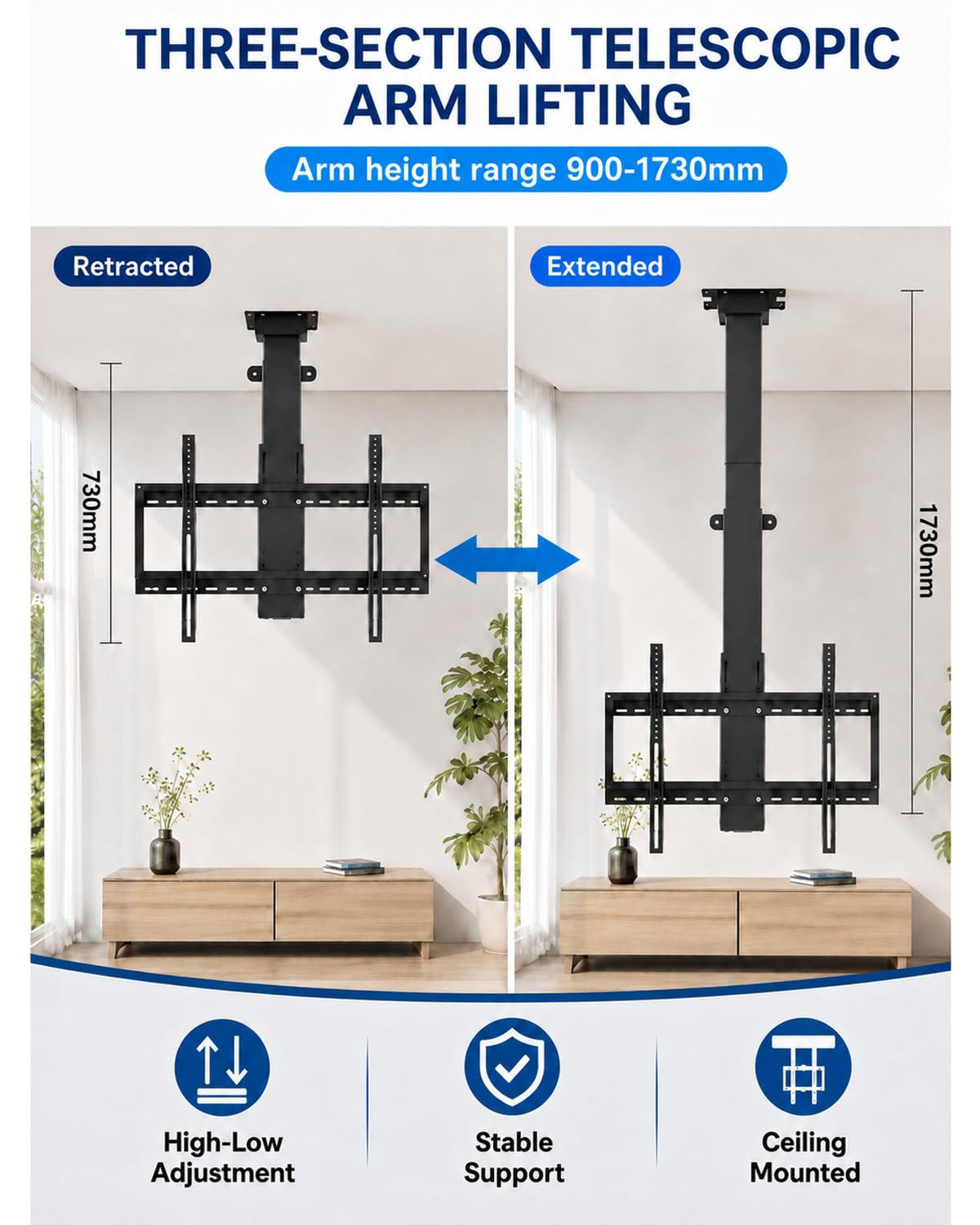 Soporte TV Motorizado de Techo 32-70", 3 Giro Manual de 360° | Elevación eléctrica, 3 Secciones Telescópicas, mando a distancia, 4 memorias, carga de 60 kg y VESA 75x75-600x400 mm