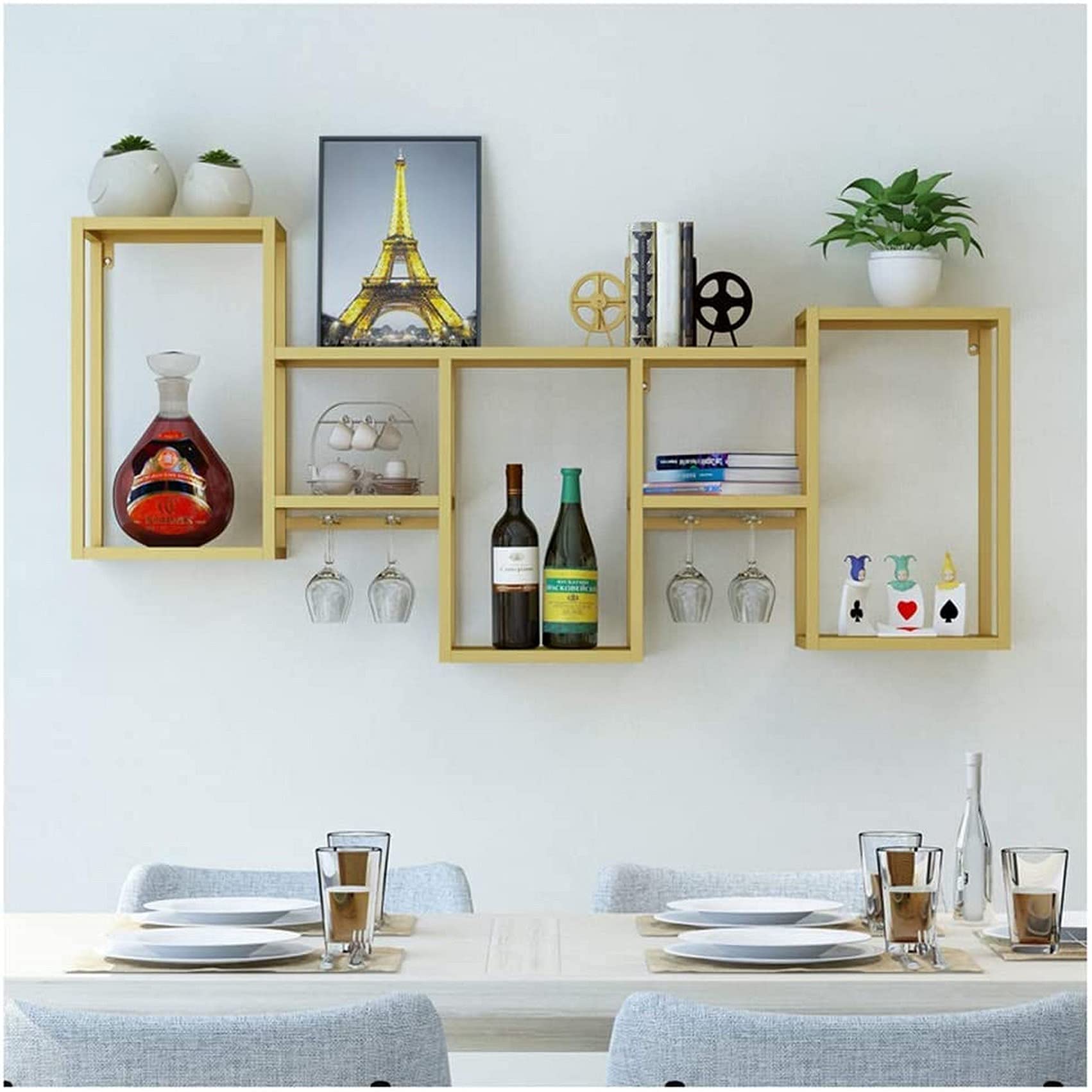 Casier à verres à vin mural doré en métal de qualité supérieure pour une décoration chic