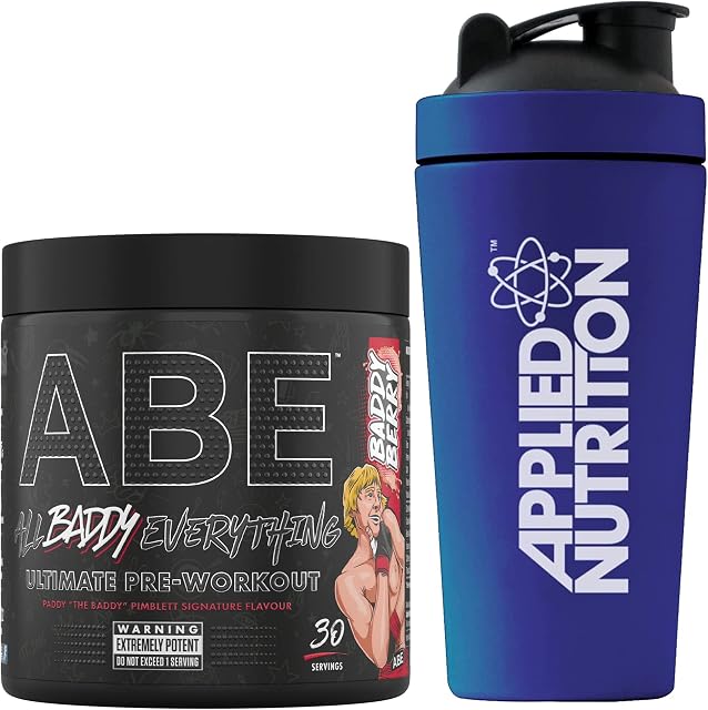 Applied Nutrition Bundle ABE Pre Workout 315g + 750ml Steel Protein Shaker | All Black Everything Pre Workout Powder, Energy & Physical Performance with Creatine, Beta Alanine (Baddy Berry)