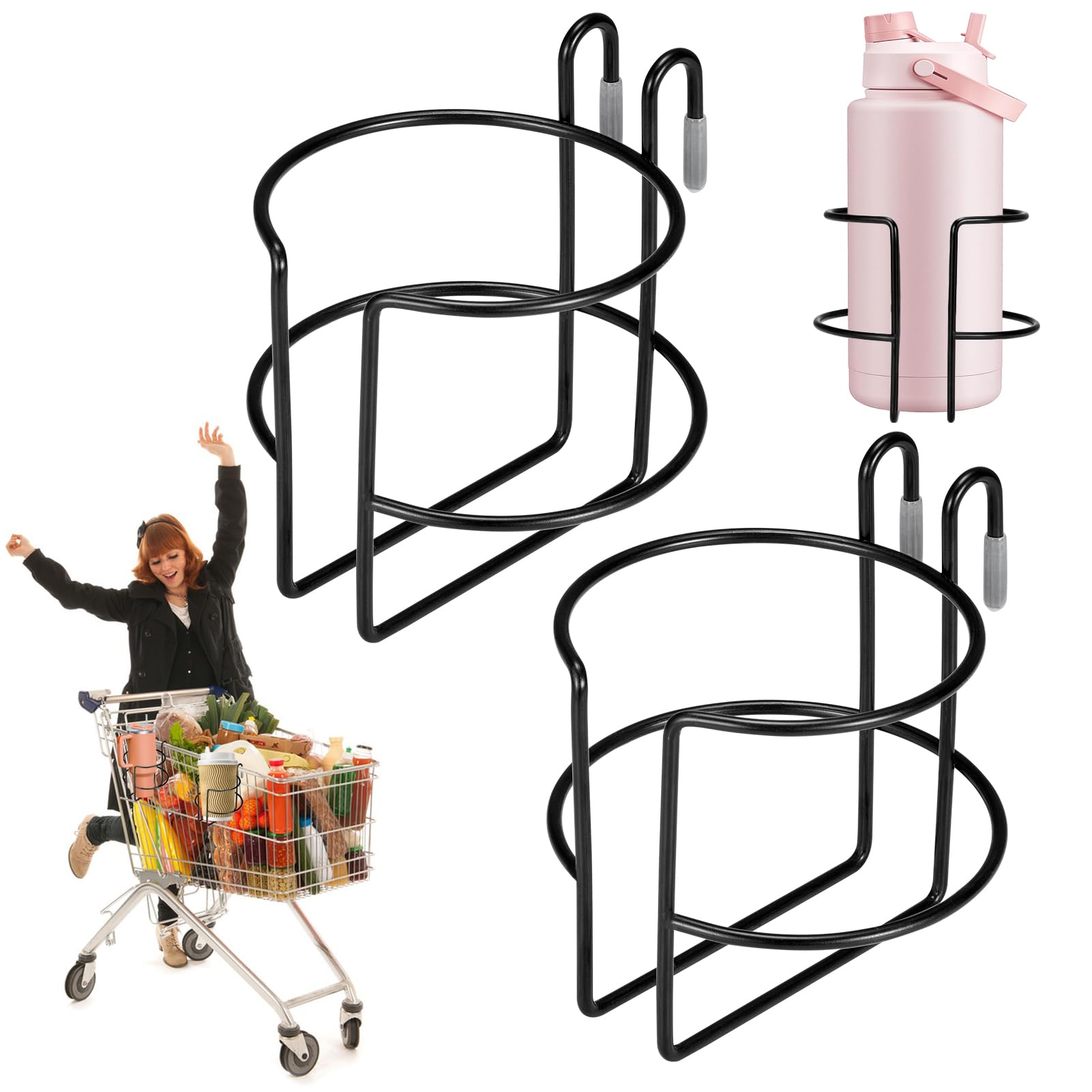 Shopping Cart Cup Holder with Bottom Bar, 2 Pcs Reusable Metal Hanging Drink Holder Grocery Carts Drink Holder Hanging Stanley Cup Coffee Cup Bottle