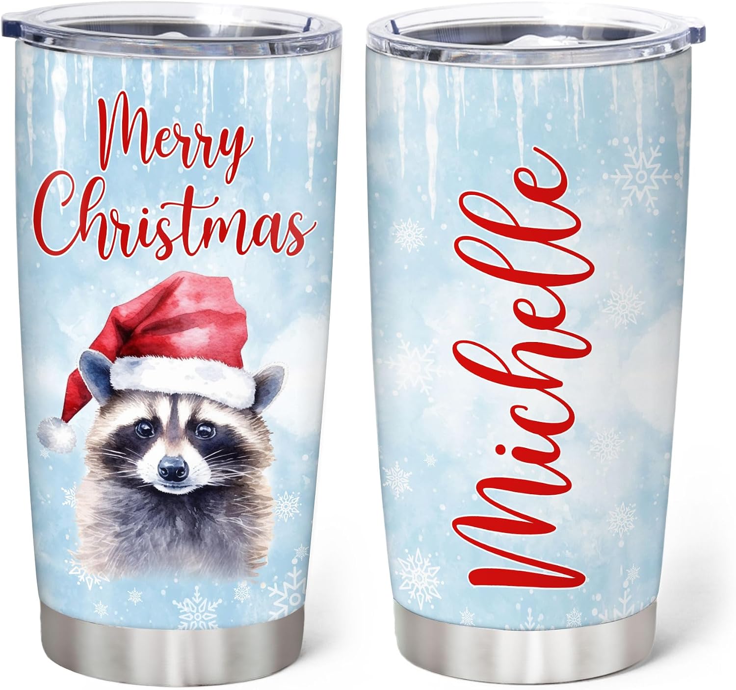 Hyturtle Personalized Gifts Raccoon Lover - Raccoon Merry Christmas Custom Name Coffee Tumbler Cup Stainless Steel 20oz, Animal Lover Gifts For Women Girl Kids Men On Birthday Christmas