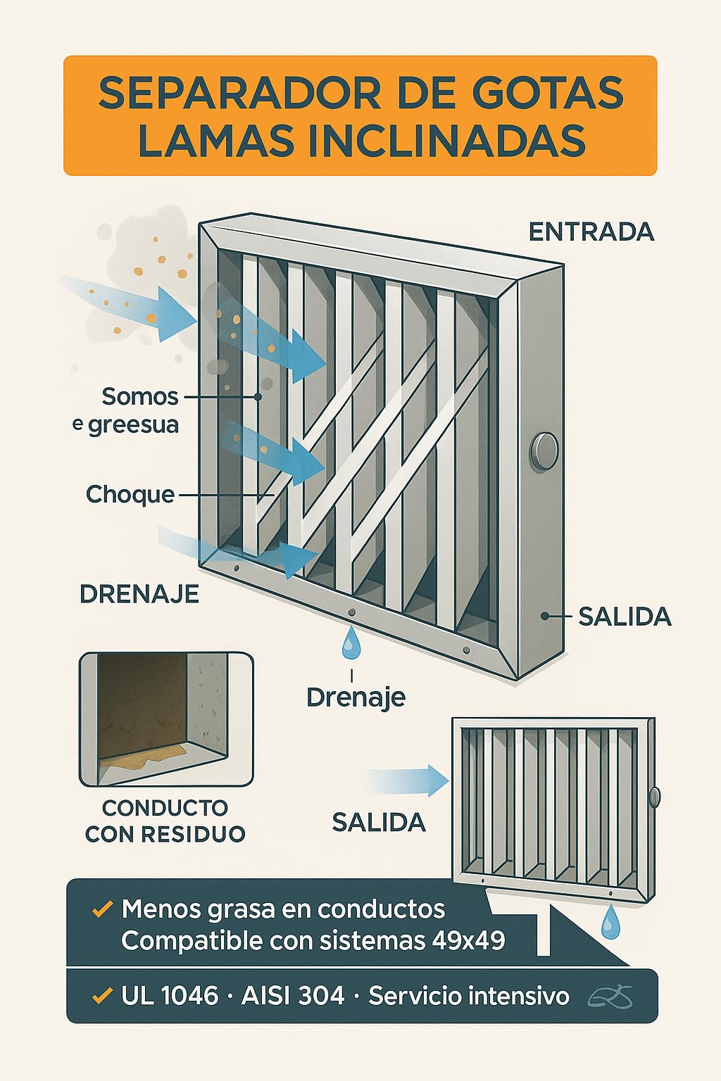 RO Linea Blanca ® Filtro Lamas 490x490x48 Mm Acero Inox AISI 304 Para Campana Industrial Hosteleria Lavable Lavavajillas Drenaje Lamas Inclinadas Pomo Sujeccion Recambio Universal Seguridad Casa