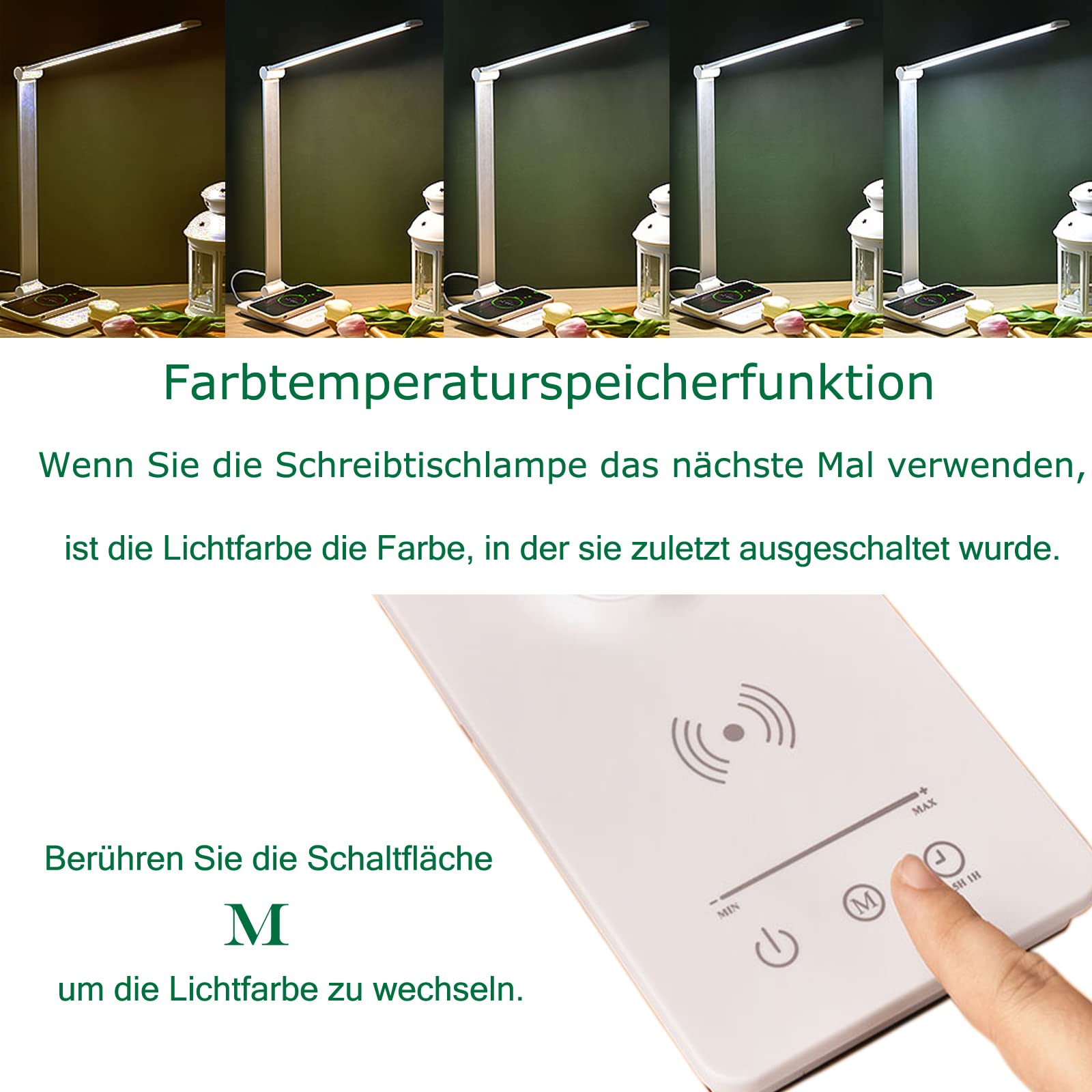 Tischlampe, Schreibtischlampe Büro 5 Farb und Stufenloses Dimmen Tischleuchte mit Wireless Ladegerät und Timmer Nachttischlampe Memory-Funktion Augenfreundliche Leselampe für Arbeit Lernen weiß