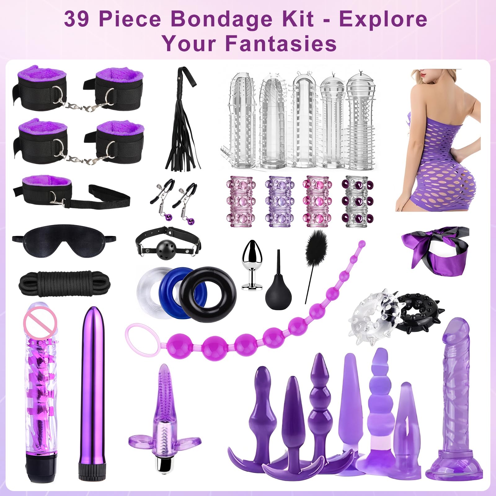 Set de bondage premium de 39 piezas, kit completo de sujeción, incluye juguetes sexuales para parejas y mujeres, ataduras y accesorios de bondage para la cama, color negro y morado