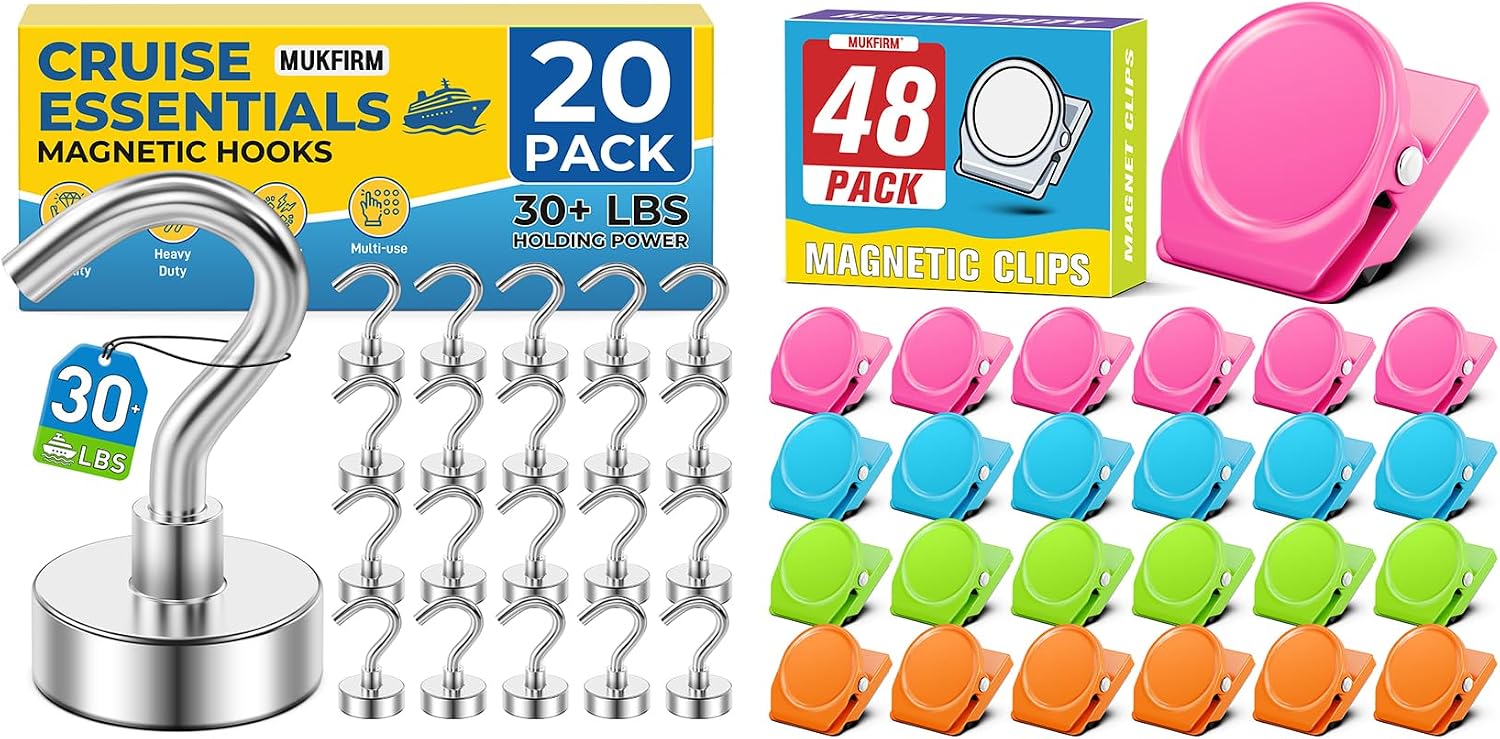 Cruise Essentials Magnetic Bundle: 20 Pack Heavy Duty Hooks (30lbs+) & 48 Pack Colorful Heavy Duty Clips Set for Cabin, Fridge, Classroom