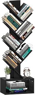 Yoobure Tree Bookshelf, 6 Tier Small Book Shelf Retro Floor Standing Bookcase, Wood Book Storage Organizer Rack, Tall Narrow Bookshelves for Corner/Bedroom/Living Room/Home Office, Black