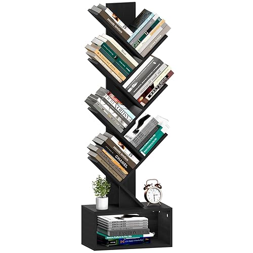 Yoobure Tree Bookshelf, 6 Tier Small Book Shelf Retro Floor Standing Bookcase, Wood Book Storage Organizer Rack, Tall Narrow Bookshelves for Corner/Bedroom/Living Room/Home Office, Black - Black