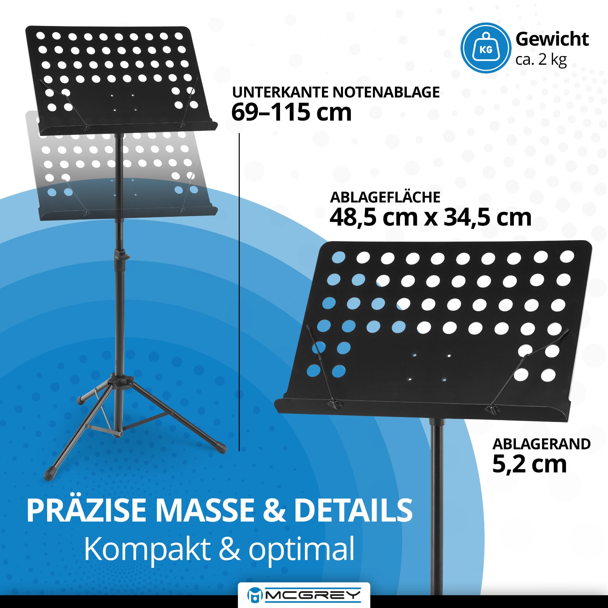Set Leggio Orchestra McGrey con Luce LED (leggio regolabile in altezza con luce LED per spartiti) Nero