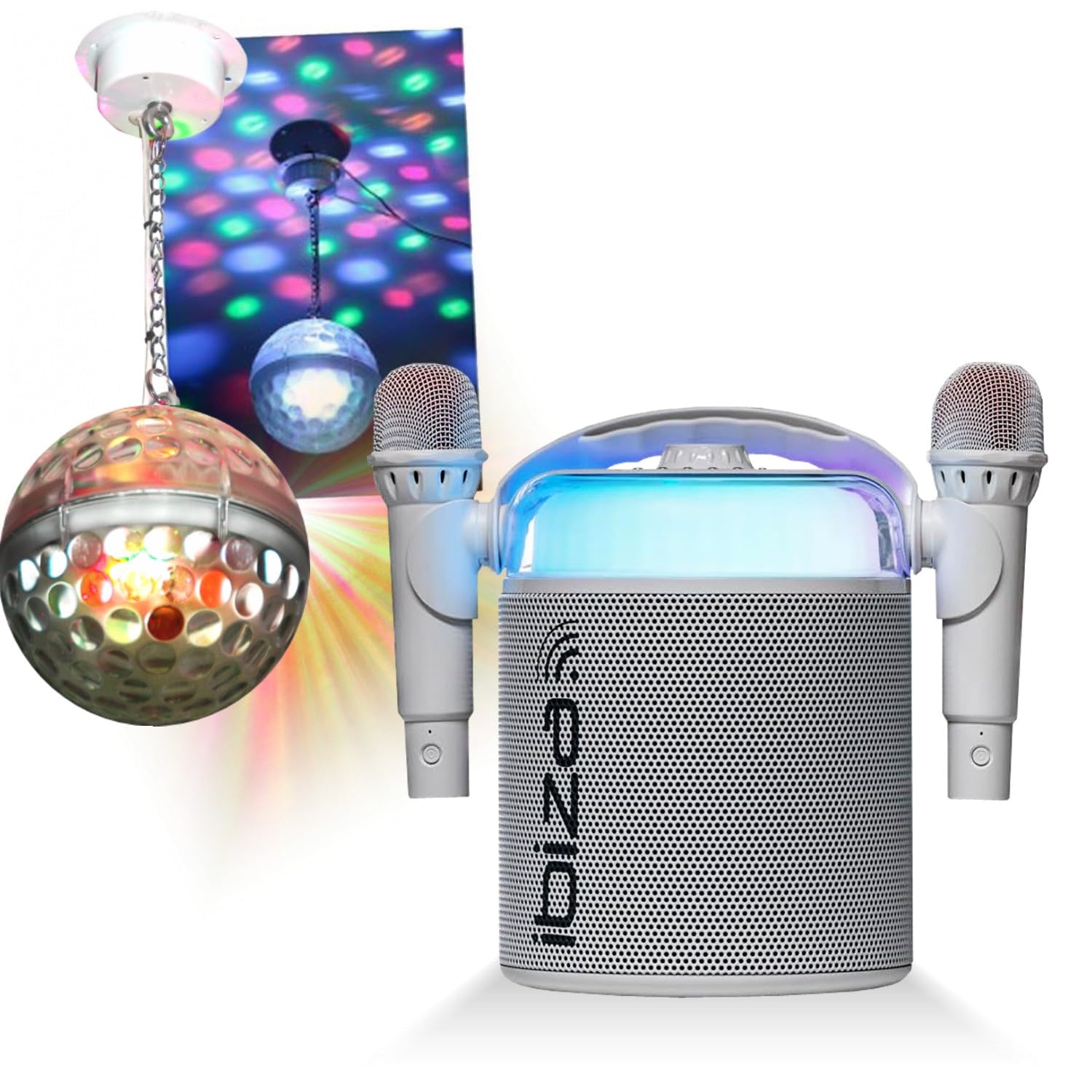 Ibiza Sound - Pack Karaoké Enceinte Portable Bluetooth sans Fil KARAHOME-WH 120W USB SD 2 micros - Boule Disco LEDs RGB Astro-BALL8 Enfant