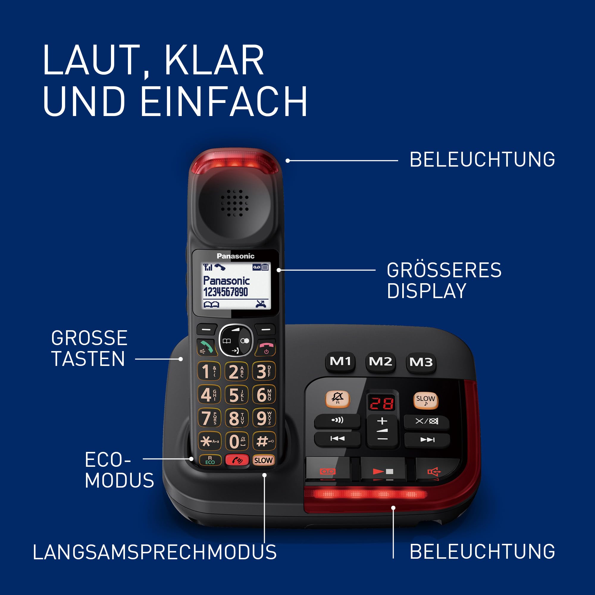 Panasonic KX-TGM420GB - Telefono cordless digitale, segreteria telefonica digitale, unità base e auricolare singolo, LCD, modalità slov-talk, compatibile con apparecchi acustici, blocco delle chiamate