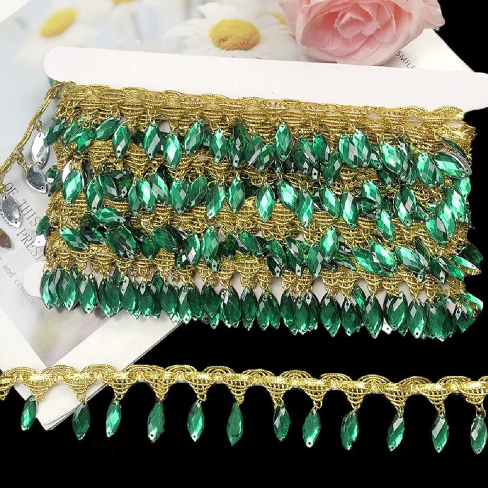 Yalulu 4.5 Yards Crystal Beads Fringe Trim, Polyester Beaded Lace Tassel Fringe Trimming for Latin Dress Stage Clothes Lamp Shade (Green)