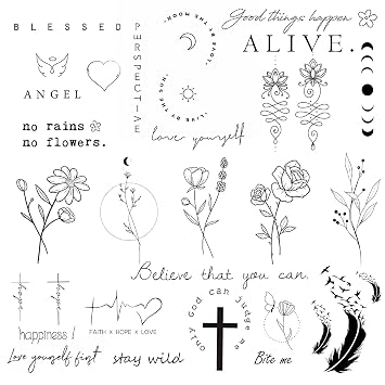 Realistic Tattoos Temporary Tattoo Quote Word Inspirational Words Letter Wild Flower Floral Bouquet for Body Temporary Tattoos for Women