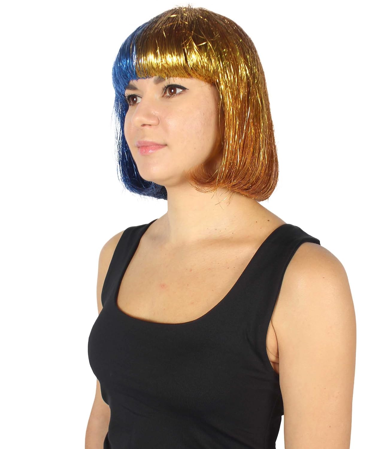 HPO Adult Women's Tinsel Bob Wig Collection | Gold & Blue Color | Premium Breathable Capless Cap Design