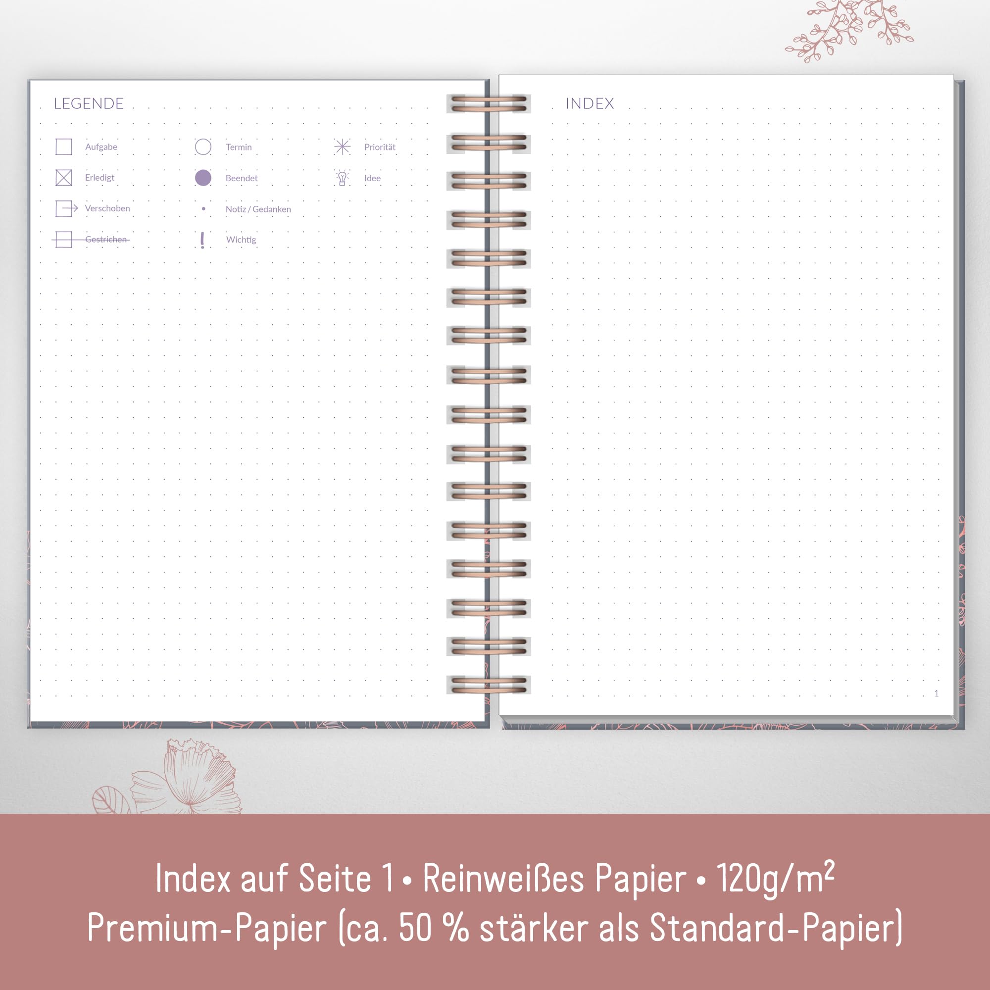 Hfft Dotted Journal Fancy - Hardcover notebook A5, 120 g/m paper, rose gold embossing, 160 pages - ring binder, diary Poppy - Image 3