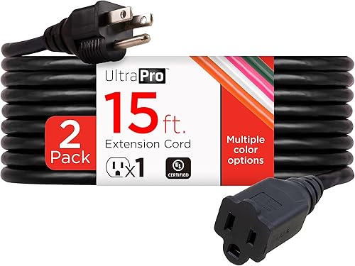 UltraPro , Negro, GE 15 FT extensión 2 Paquete, trabajo pesado, cable aislado doble, interior  exterior, UL listado, 46865