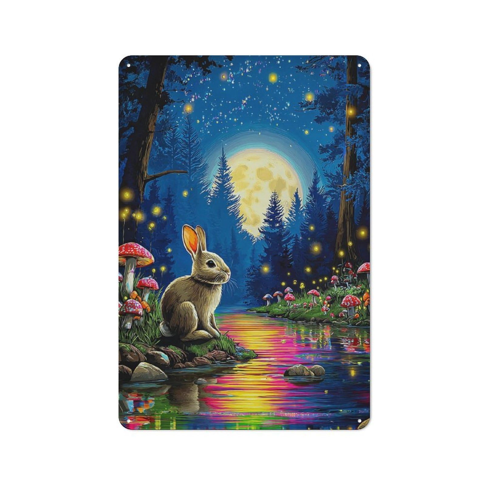 Junmoney Enchanted Forest Moonlit Scene With Rabbit Country Country Metal Sign 30X20cm Featuring Rustic Kitchen Decor For Cottage, Kitchen, Hallway Or Breakfast Nook