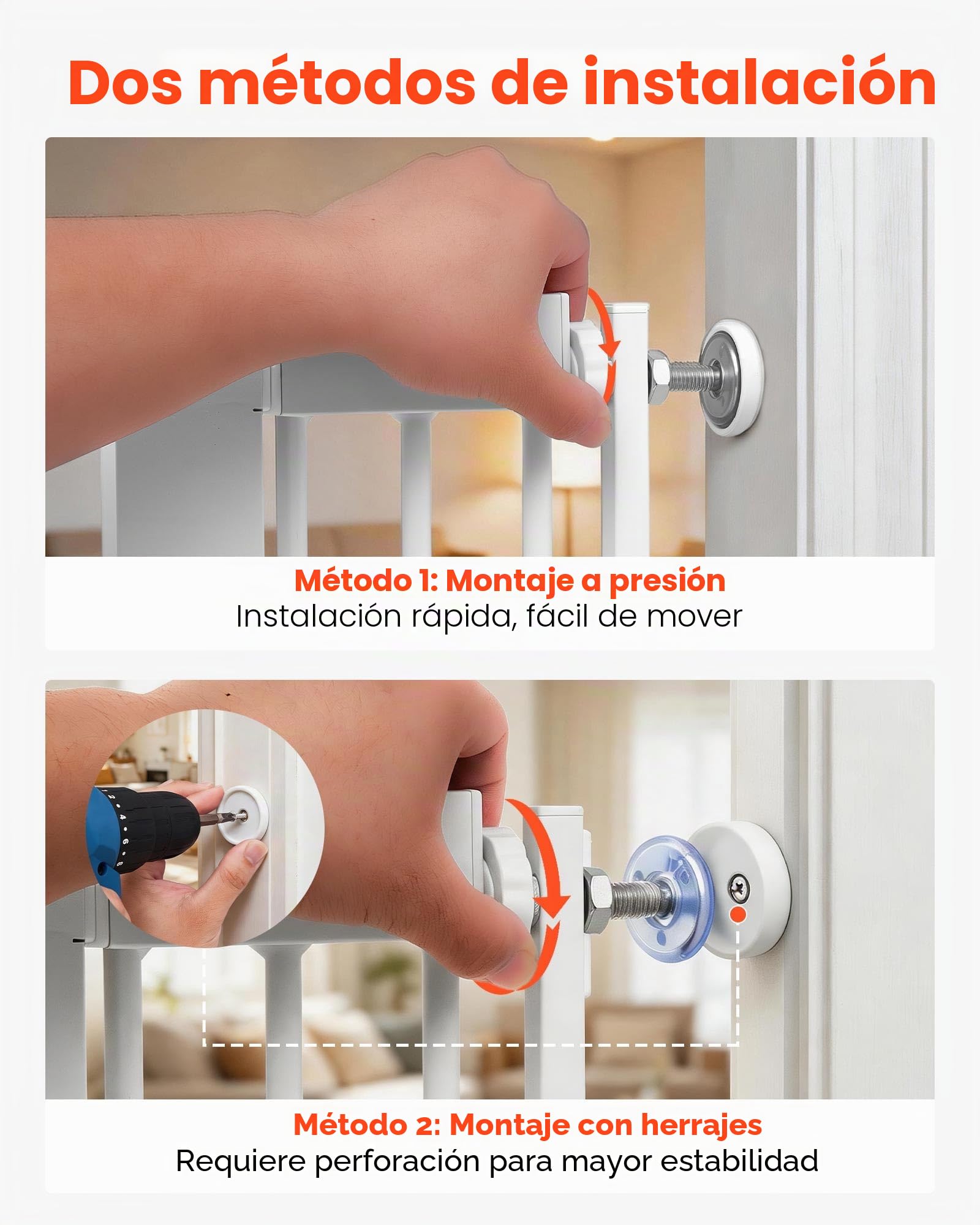 VEVOR Barrera de Seguridad para Niños, Alto Extra de 1420 mm, Ancho Ajustable de 740-1050 mm, Puerta de Seguridad para Perros y Gatos, Kit de Accesorios de Instalación, para Escaleras Pasillos, Blanco