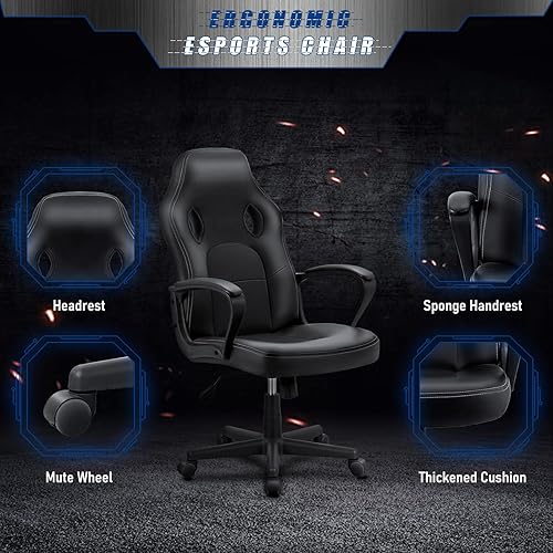 Miniatura 5 de JUMMICO Silla de juegos de cuero con respaldo alto, 300 libras, silla giratoria con brazos (negro)