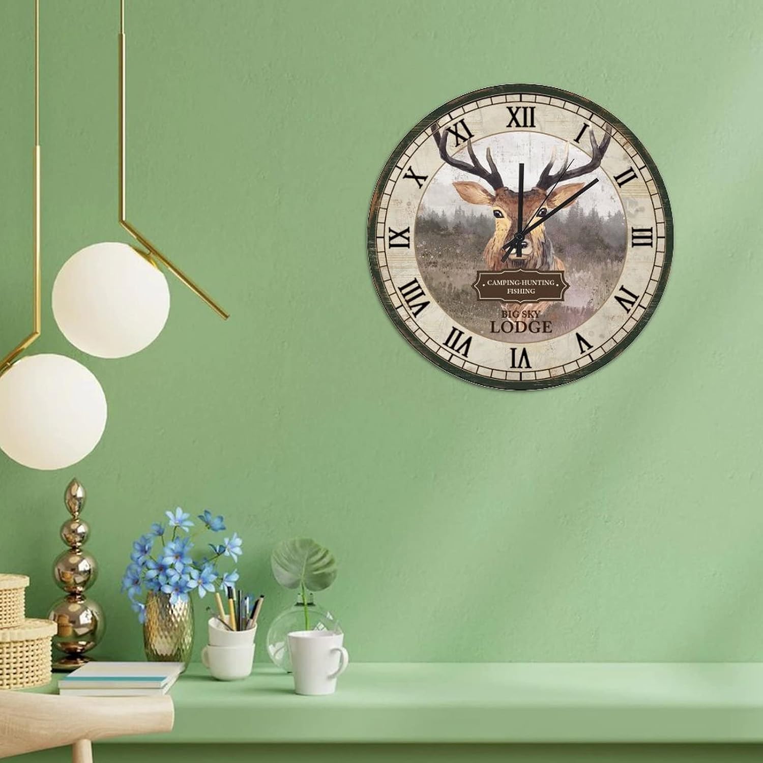 Wild Animals Deer Hanging Clock 15in Big Lodge Wooden Wall Clock Non Ticking Analog Marine Style Housewarming Gift Popular Wall Decor for Mantel Study Room Shop Garden image 4