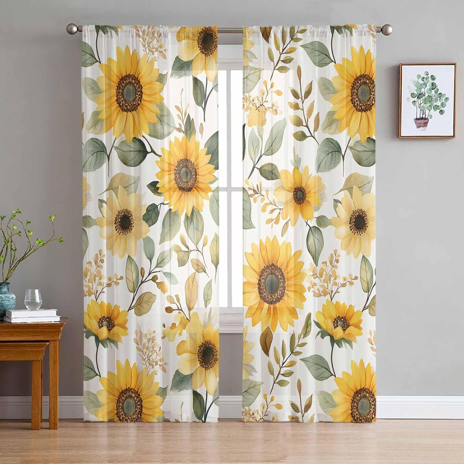 Floral Sheer Curtains for Living Room 2 Panels, Green Botanical Weeping Vine Flowers Voile Curtain Drapes for Bedroom Light Filtering & Privacy Farmhouse Style Window Treatment W52 x L54, Set of 2