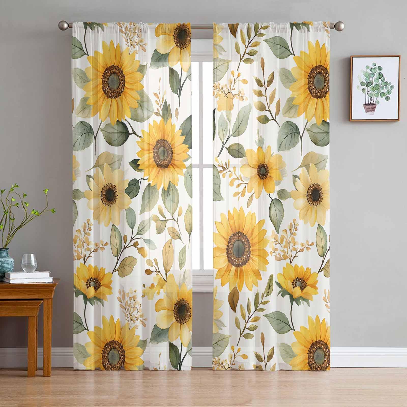 Gsypo Sunflower Sheer Curtains for Living Room 2 Panels, Farmhouse Style Yellow Floral Retro Voile Curtain Drapes for Bedroom Light Filtering &