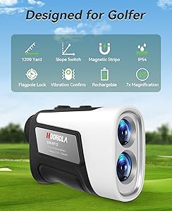 Hoorola Range Finder Golf, 1200 Yards Rangefinder with Slope, Magnetic Stripe, 7X Magnification, IP54 Water Resistant, Rechargeable Battery, Flag Pole Locking Vibration, Golf Accessories for Men Women