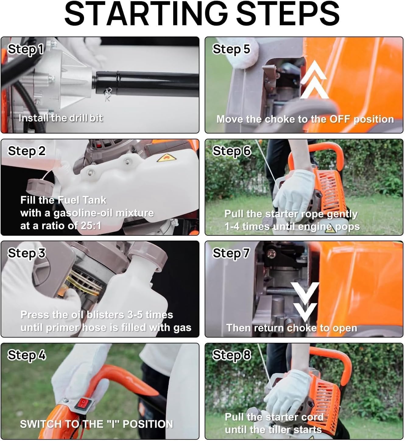 Eight-step starting procedure for the DC HOUSE 63CC Post Hole Digger.