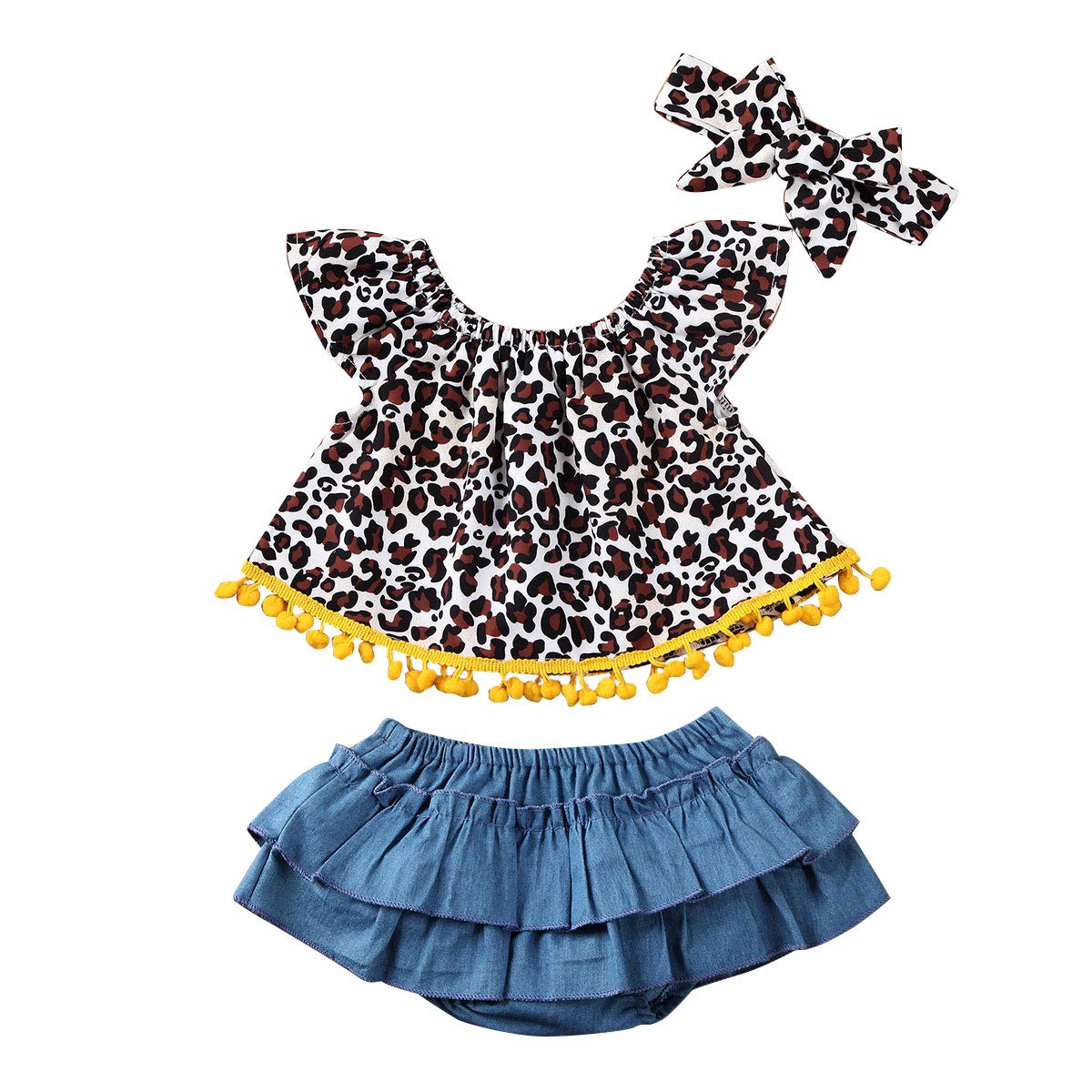 Newborn Baby Girls Outfits Leopard Off-Shoulder Tassel Fly Sleeve Tops Ruffle Tutu Shorts Headband Summer Outfits