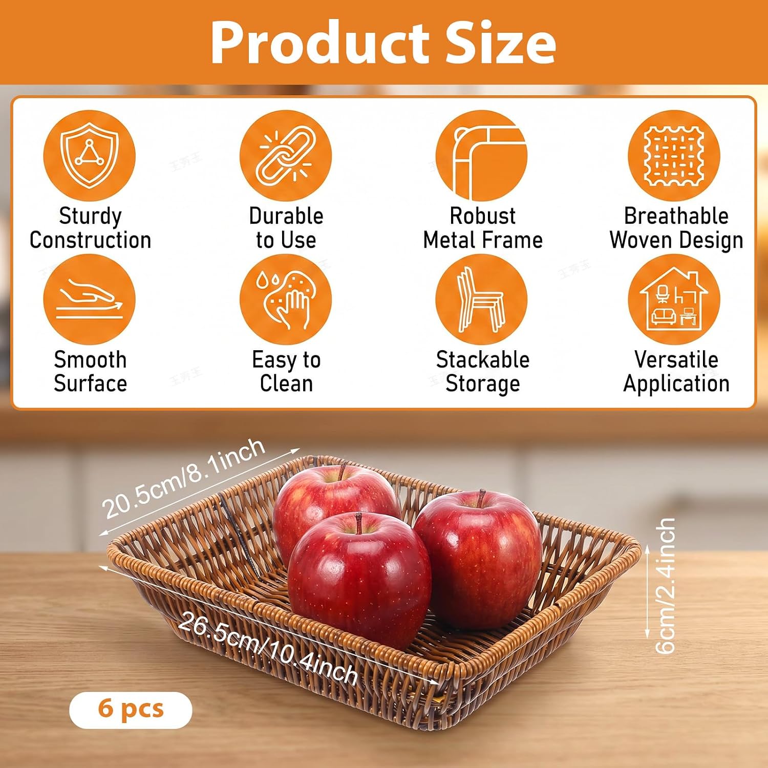 6 Pcs Wicker Bread Baskets for Serving, 10.4 x 8.1 x 2.4 Inch Rectangular Wicker Bread Basket, Rectangle Rattan Display Basket for Food Fruit Vegetables Snacks, Kitchen Restaurant Home Deco