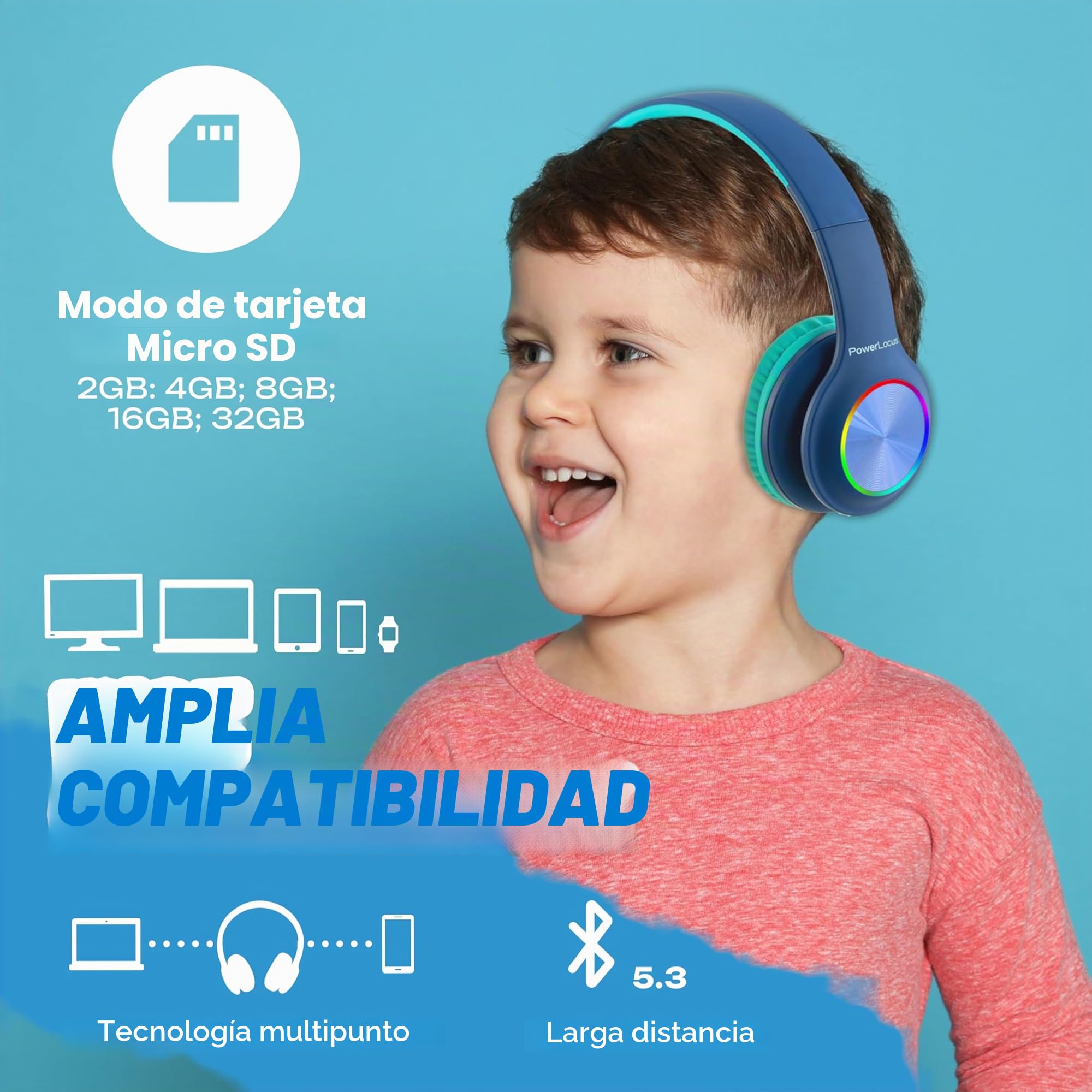 PowerLocus - Auriculares Bluetooth Plegables inalámbricos para niños con Luces LED, HD estéreo, USB-C de Carga rápida, micrófono Integrado, SD Modo y con Cable para iPhone/Tabletas/TV