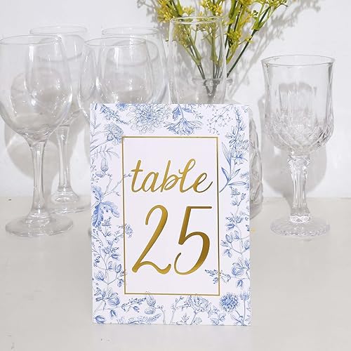 Miniatura 9 de Efavormart - Paquete de 25 números de mesa de boda de papel blanco y azul de doble cara con impresión de números florales y dorados, tarjetas