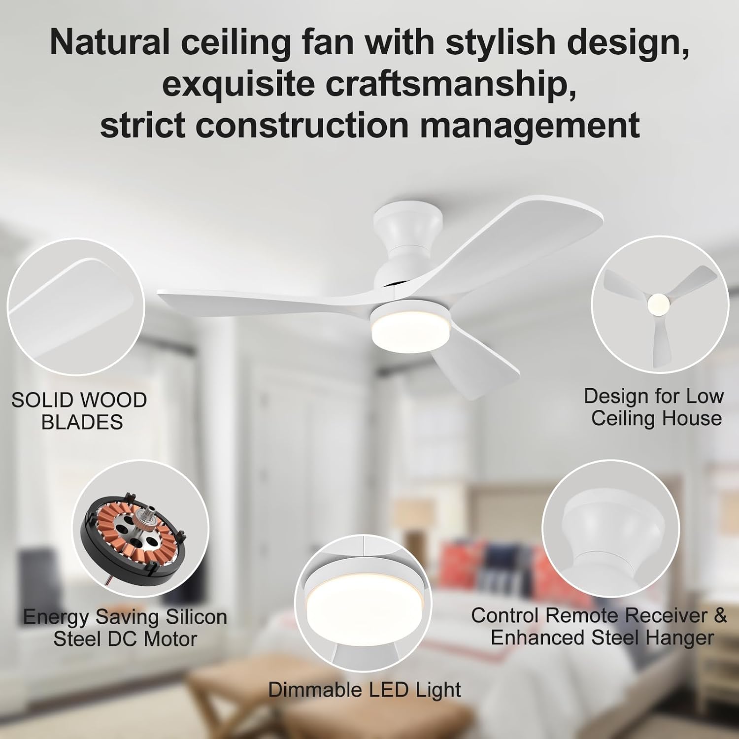 42 Inch Low Profile Ceiling Fan with Light and Remote, Dimmable, Quiet 6 Speeds DC Motor Wood Flush Mount Ceiling Fan, Hugger Ceiling Fans with Lights, Indoor Outdoor White