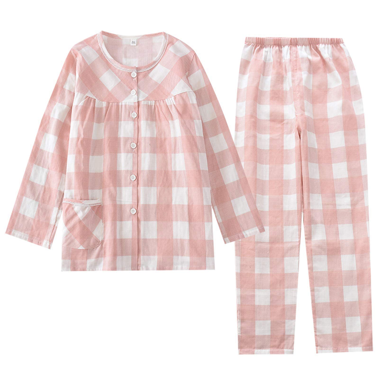 Chemise de nuit bouton haut de gamme en pyjama coton rose à carreaux col rond
